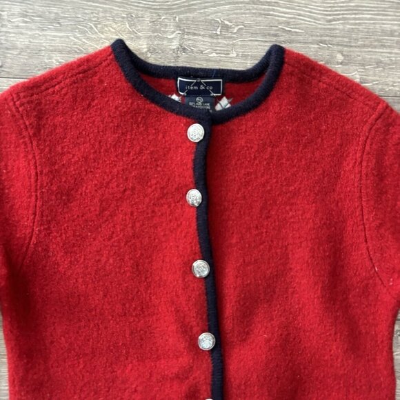 Item Co Red Boiled 100% Wool Metal Button Cardigan Sweater Womens S Embroidered - Picture 2 of 16